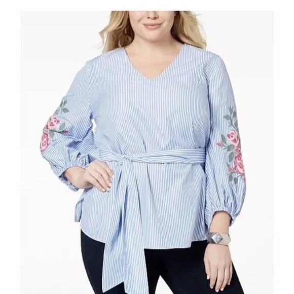 I.N.C. Blue Thin Stripes Embroidered Sleeves Belted Side Zipper Blouse Sz XL - Picture 1 of 14